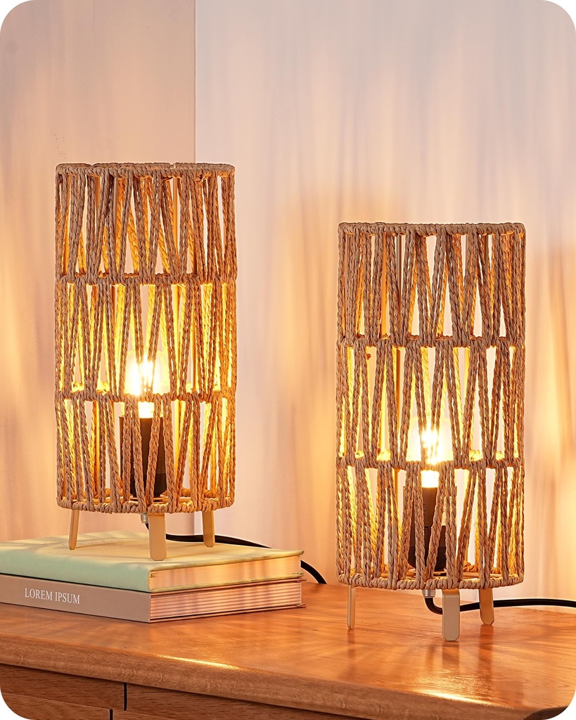 EDISHINE Boho Bedside Lamps Set of 2, Rattan Table Lamp for Living Room, Bedroom, LED Bulb