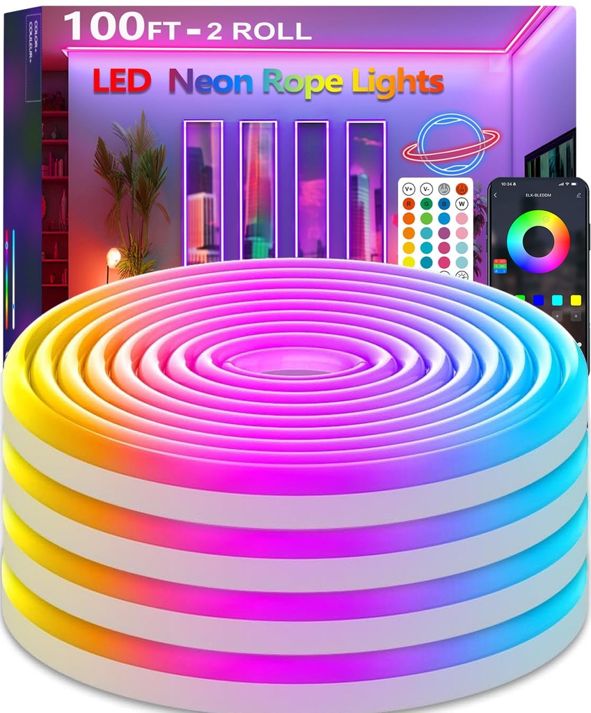 httpsmp 30m (2 Rolls 15m) Neon Rope Light, Flexible Led Lights Control with App/Remote