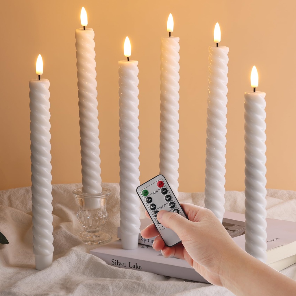 Eywamage White Spiral Flameless Taper Candles with Remote, Flickering Battery LED Wax Candle