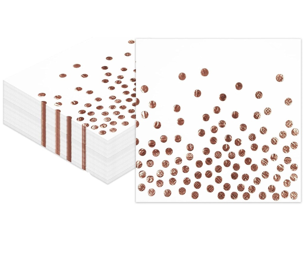 50PCS White & Rose Gold Napkins, 3-Ply Disposable Confetti Foil Polka Dot Beverage Serviett
