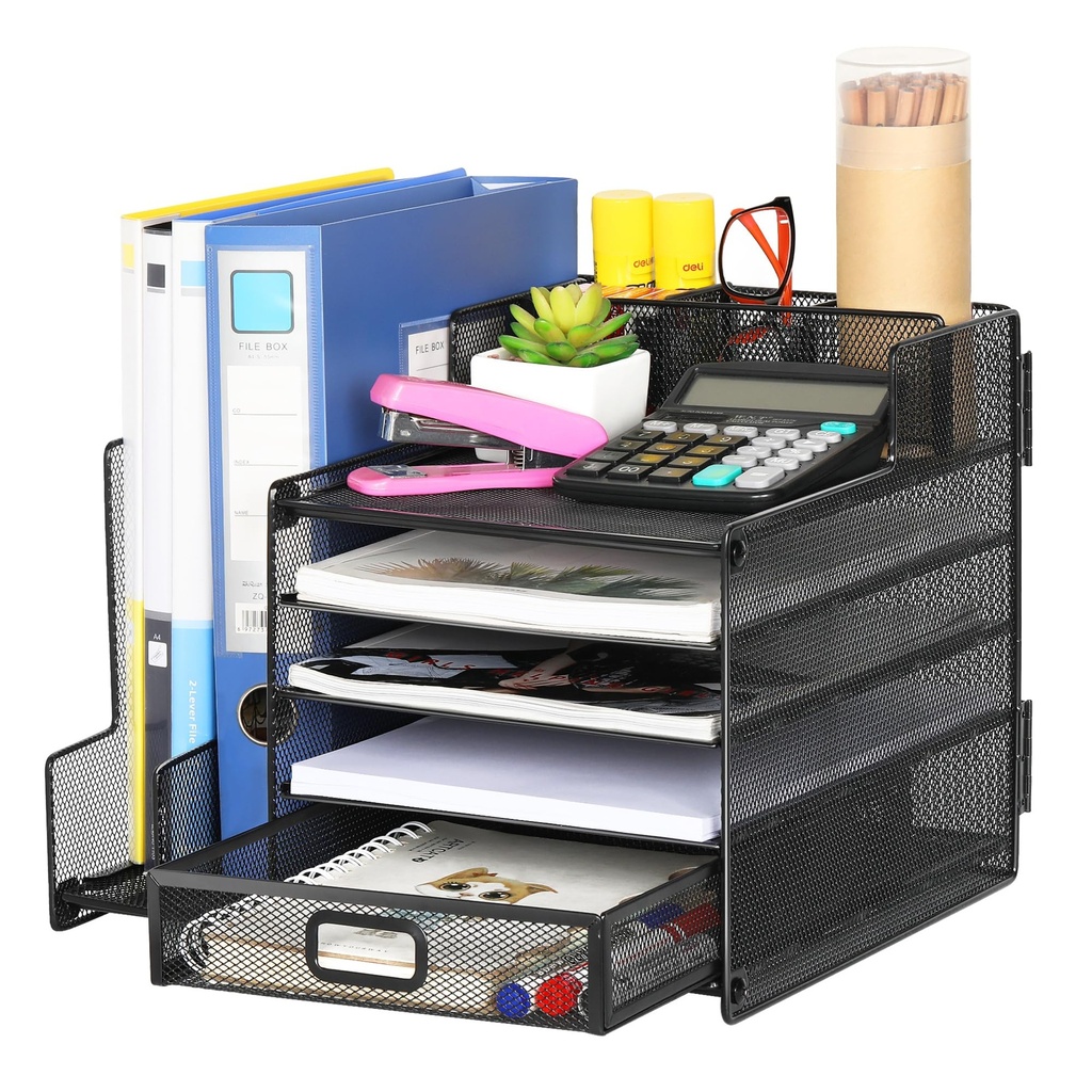 TQVAI 5 Tier Desk Organiser with Vertical File Sorter Letter Tray Organiser Desk Paper Stor