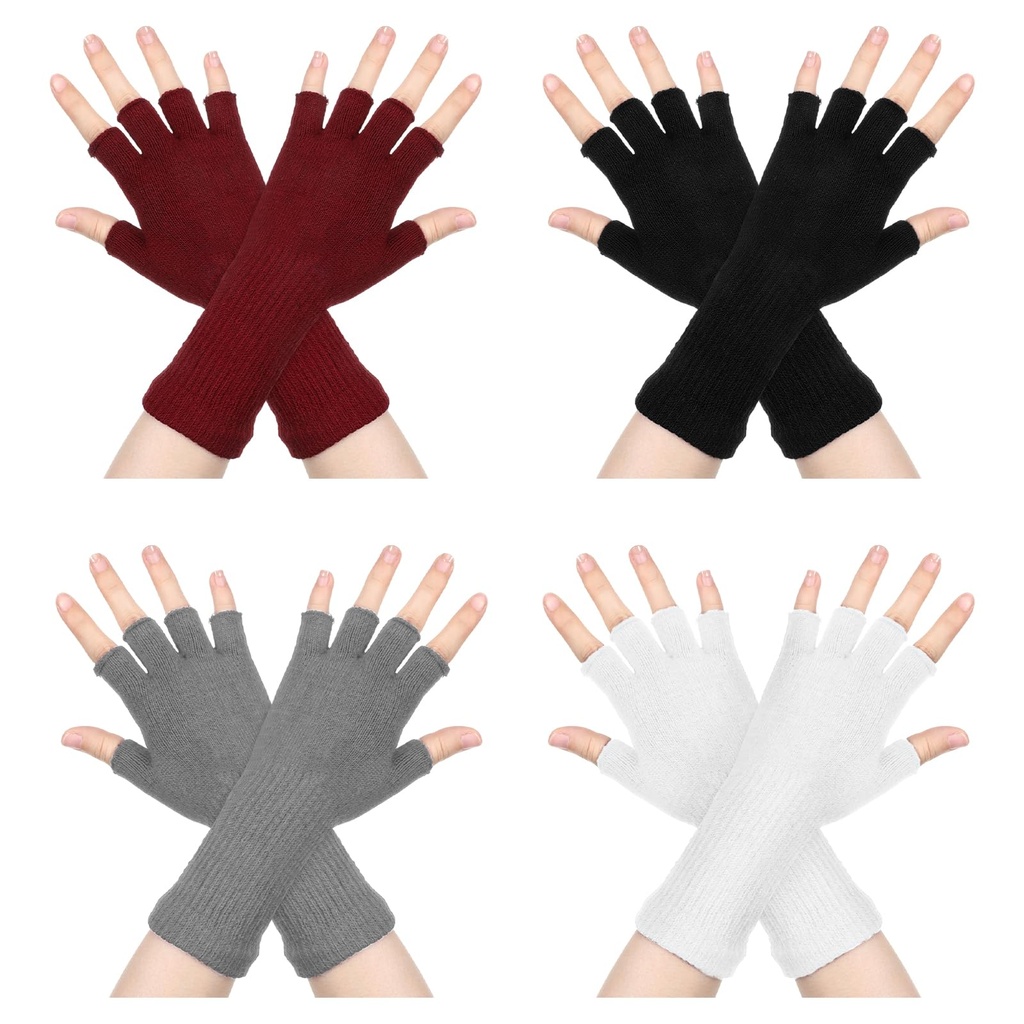 Apausvcm 4 Pairs Fingerless Gloves, Winter Knitted Stretchy Fingerless Mittens Lengthen Wri
