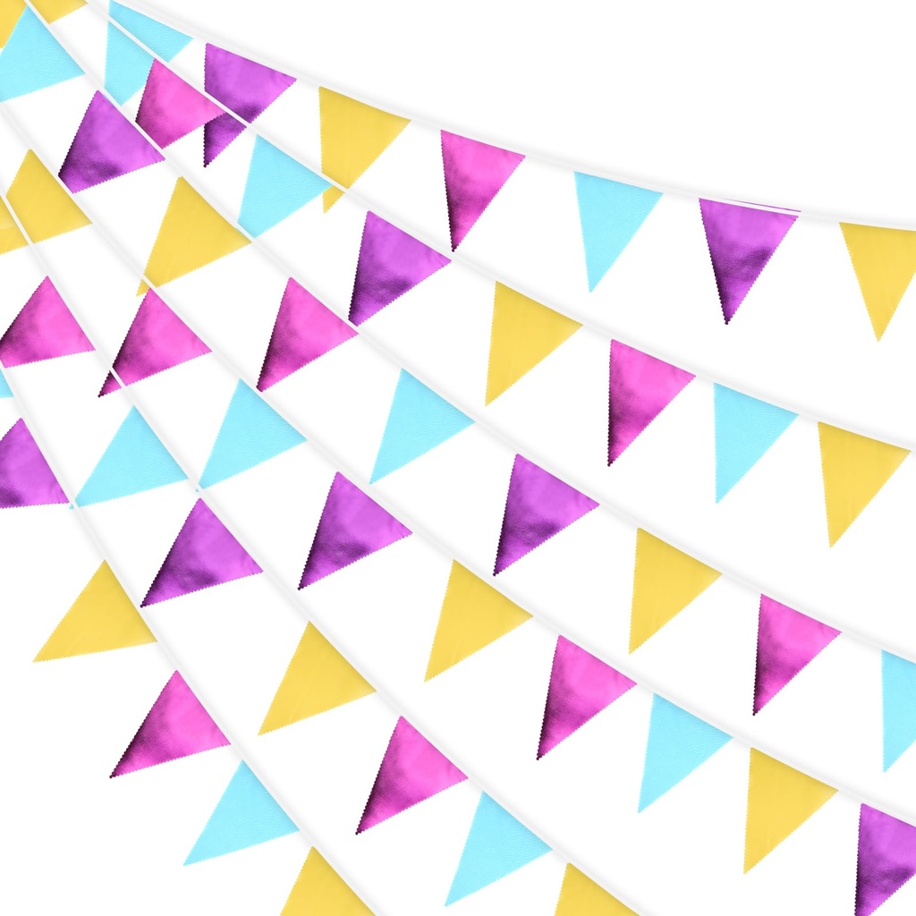 32Ft Metallic Fabric Bunting, Reusable 36pcs Triangle Flag Colourful Rainbow Bunting, Doubl
