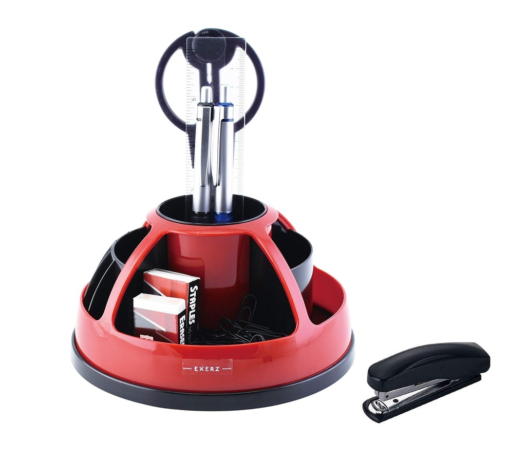 EXERZ Desk Organiser Red, Rotating Pencil Holder, Desk Tidy Swivel Stationery