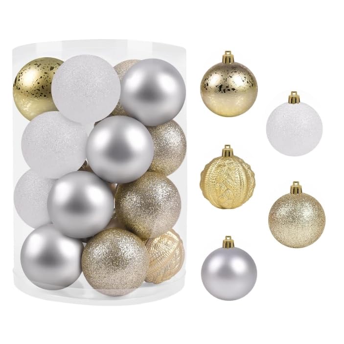 Beinhome 20pcs 6cm White and Gold Christmas Baubles Ornament Set - Tree Decorations, 