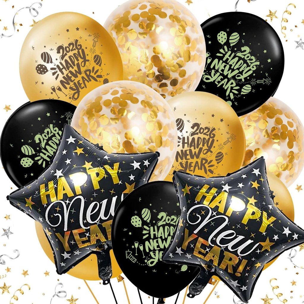 Happy New Year Balloons 2026, New Year Eve Decoration 2026, 20 Pcs Black and Gold Latex Bal
