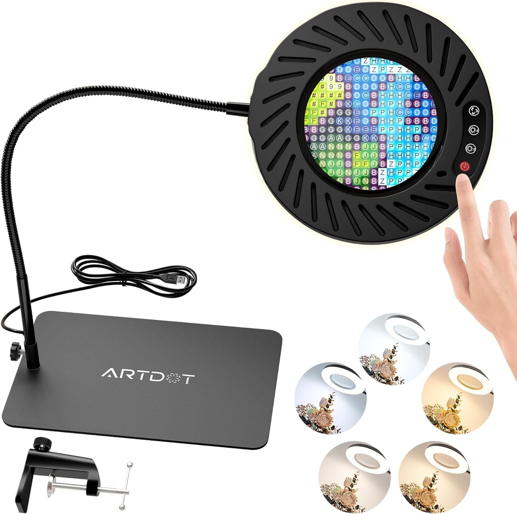 ARTDOT 10X Magnifying Glass with 5 Modes Light and Stand for Diamond Painting Kits, Magnifer