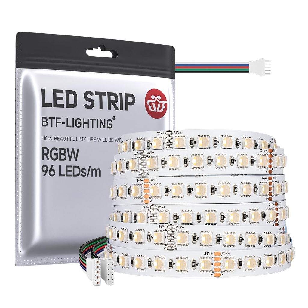 BTF-LIGHTING RGBWW LED Strip 5050SMD RGBW 4IN1 LED Tape RGB+Warm White(2700-3000K) 24V 5M 9