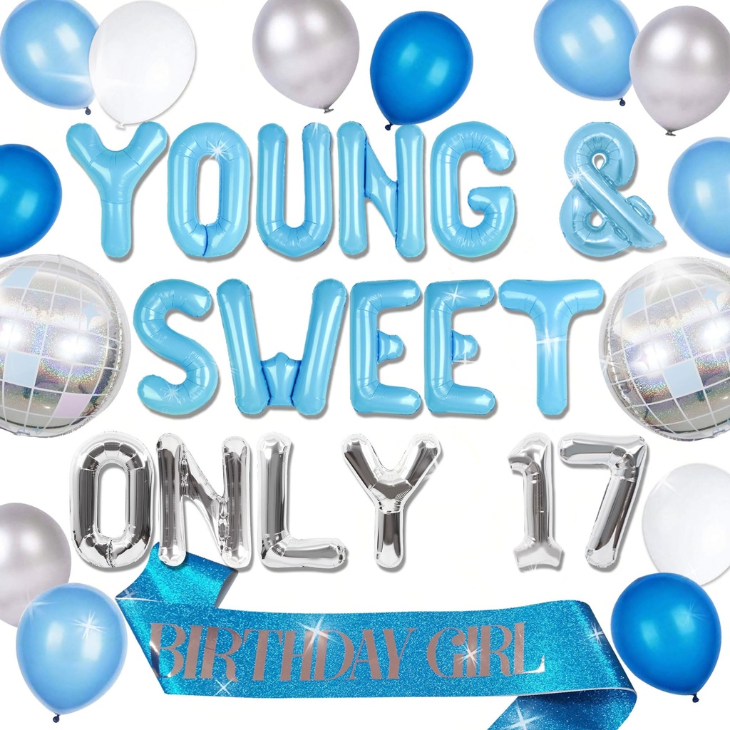 Silver Blue Young and Sweet Only 17 Birthday Decoration Young and Sweet Only 17 Banner Disc