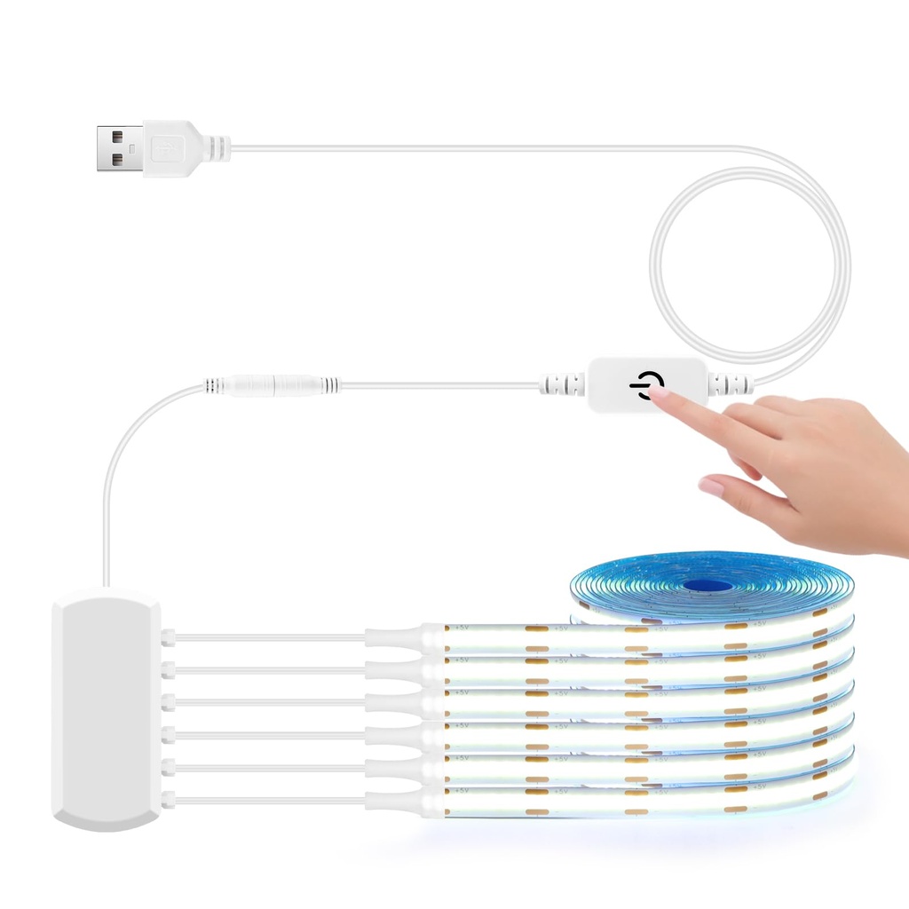 LRGBST 6 Pcs 2M White Cabinet COB LED Strip, 5V USB Dimmable COB LED Strip Touch Control
