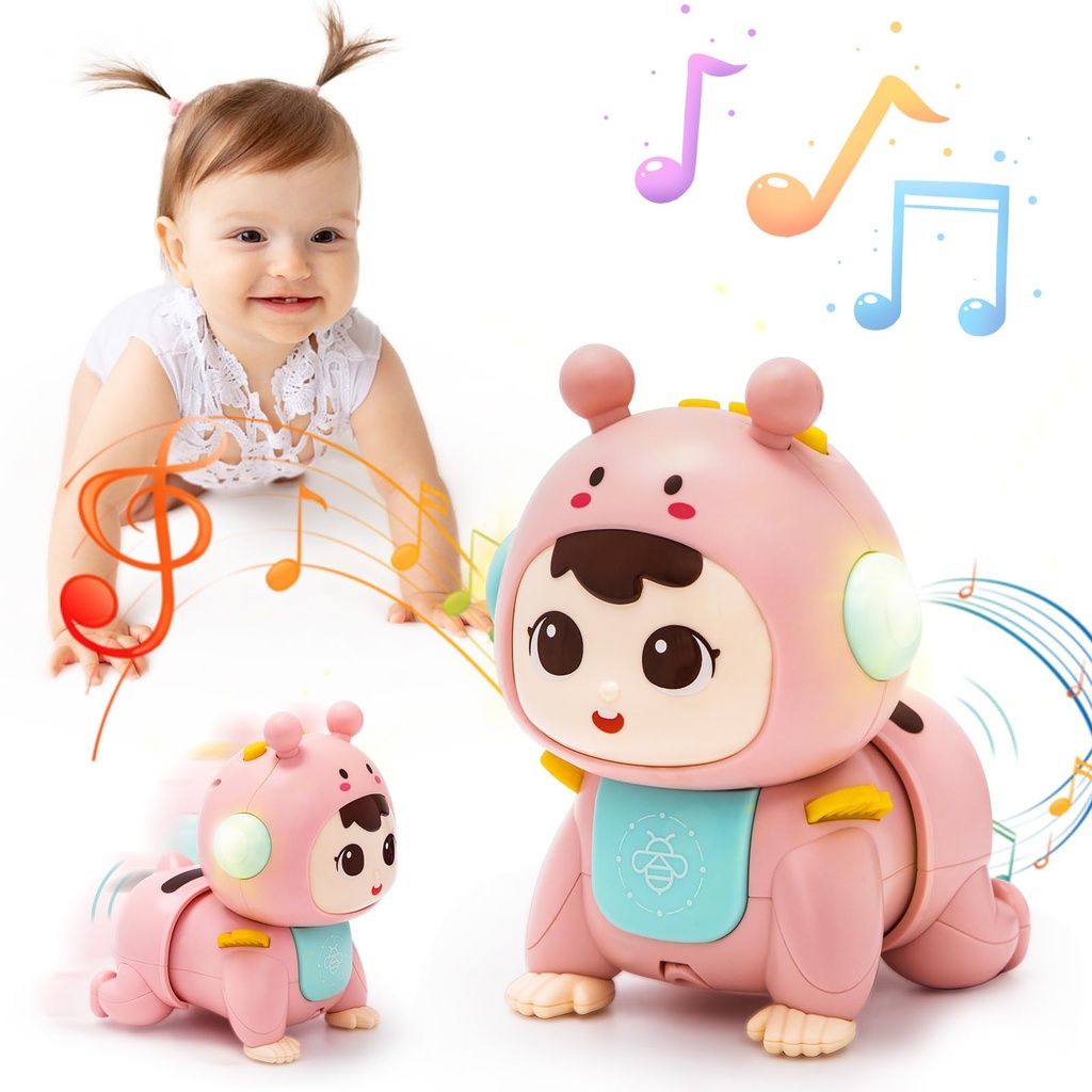 Highttoy Musical Light Crawling Baby Toys for Tummy Time Sensory Development, Pink