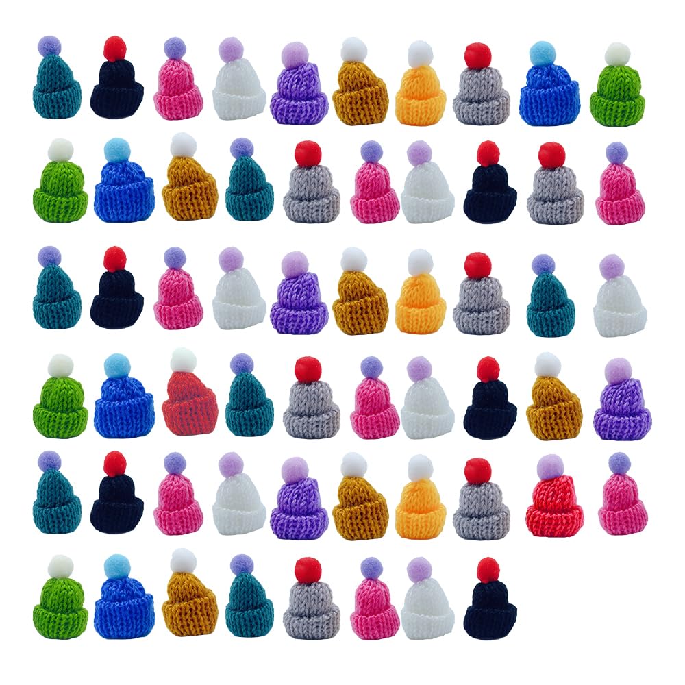 ONEBO 60 Pcs Mini Knitting Hats,Wooden Peg Dolls Hats with Pom Pom Balls,Christmas Mini Kni