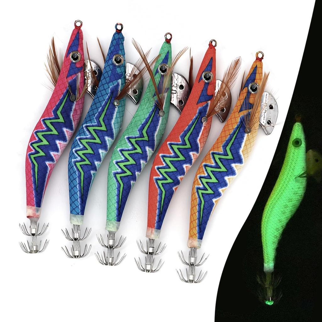 5Pcs Squid Jig Luminous Fishing Lures, Glow Squid Jig Hooks Hard Shrimp Lure Saltwater Glow