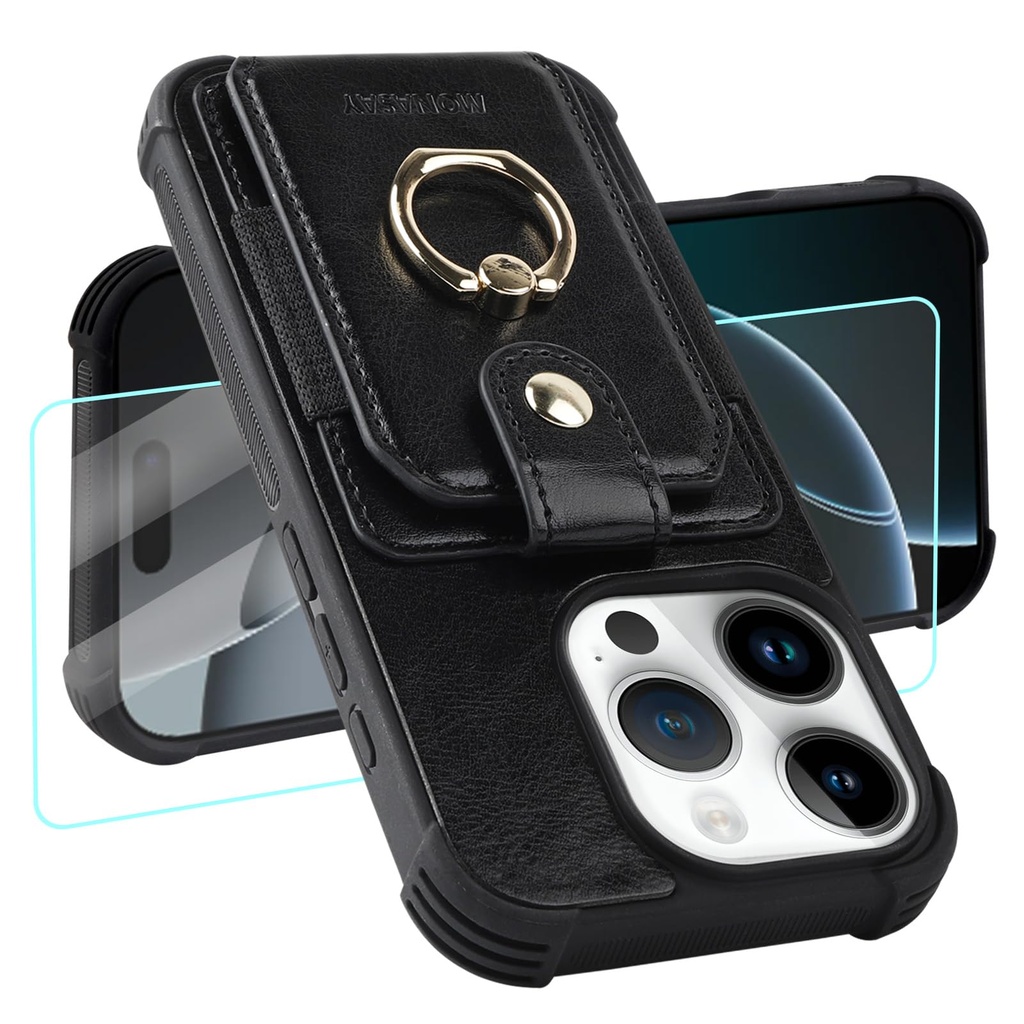MONASAY for iPhone 16 5G 6.1 inch Wallet Case with 360?? Rotation Ring Stand[Glass Screen P