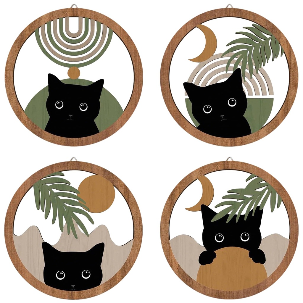 Boho Wall Art - 4 Pcs Black Cat Wall Decor, 10''x10'' Wooden Wall Art with Moon & Sun, Boho