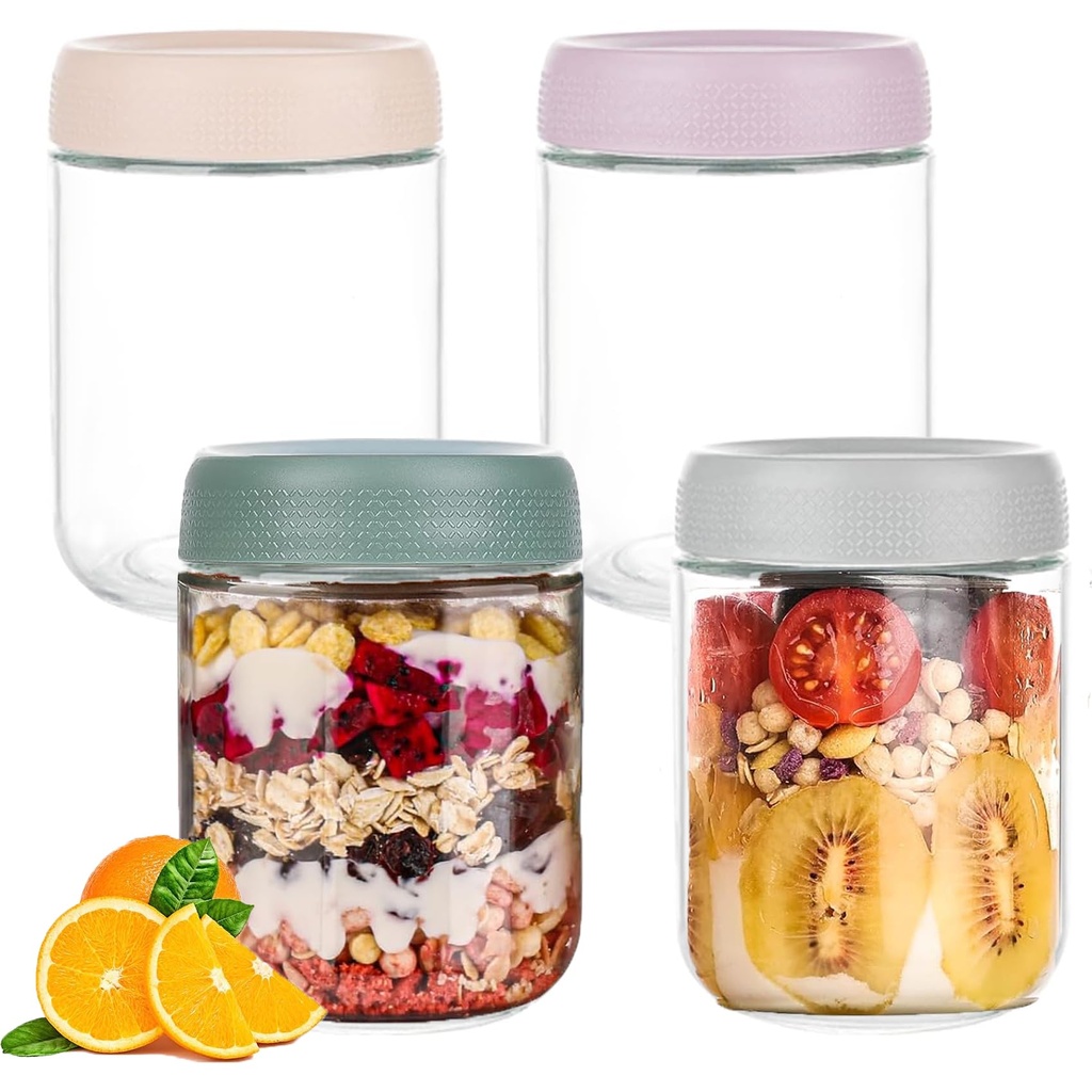 Homened 4Pack 12 ozOvernight Oats Jar, Glass jars with Airtight Lids, Wide mouth Mason Sala