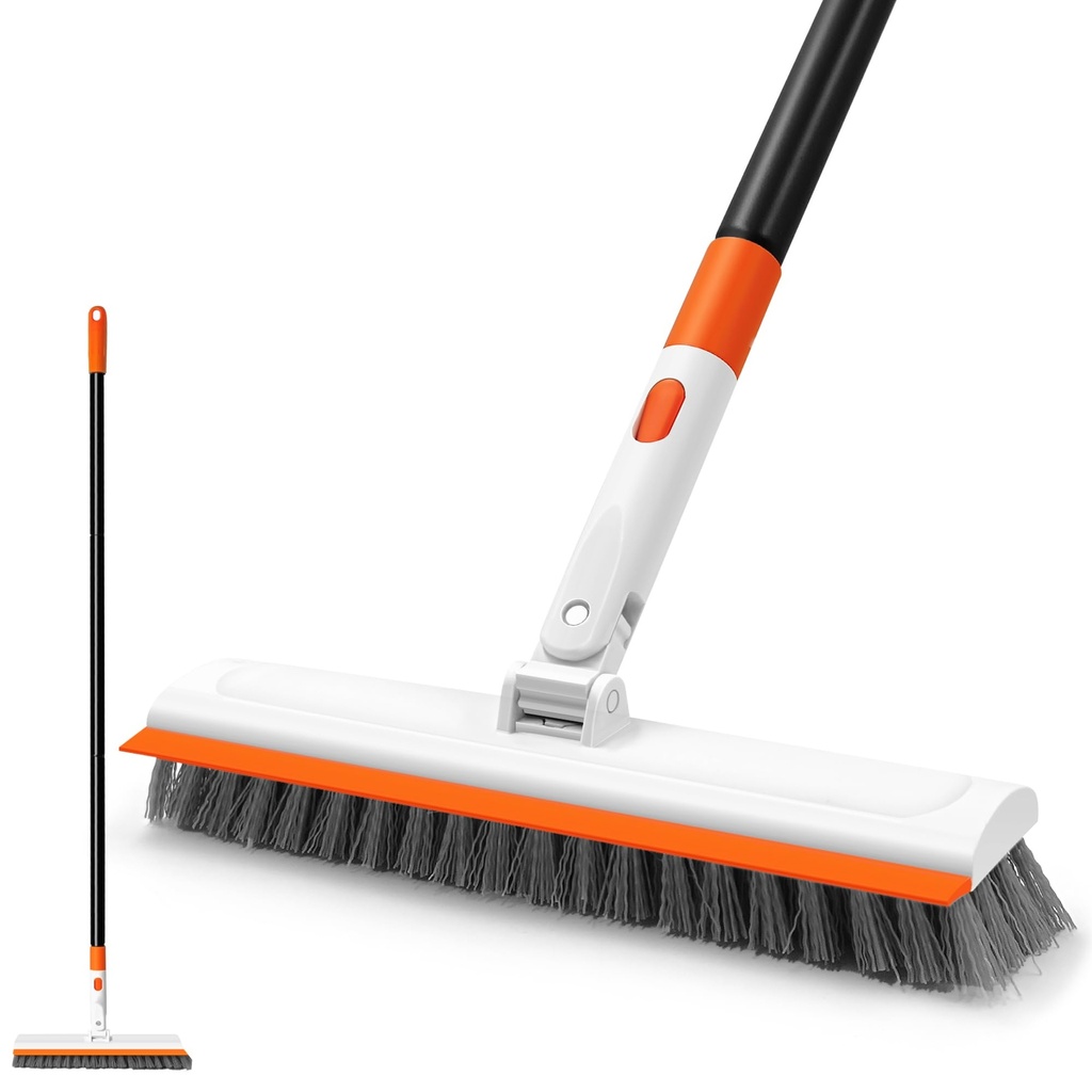 NEWE Floor Scrub Brush with Long Handle, 2 in 1 Stiff Bristles Scrubber Mop with Squeegee f