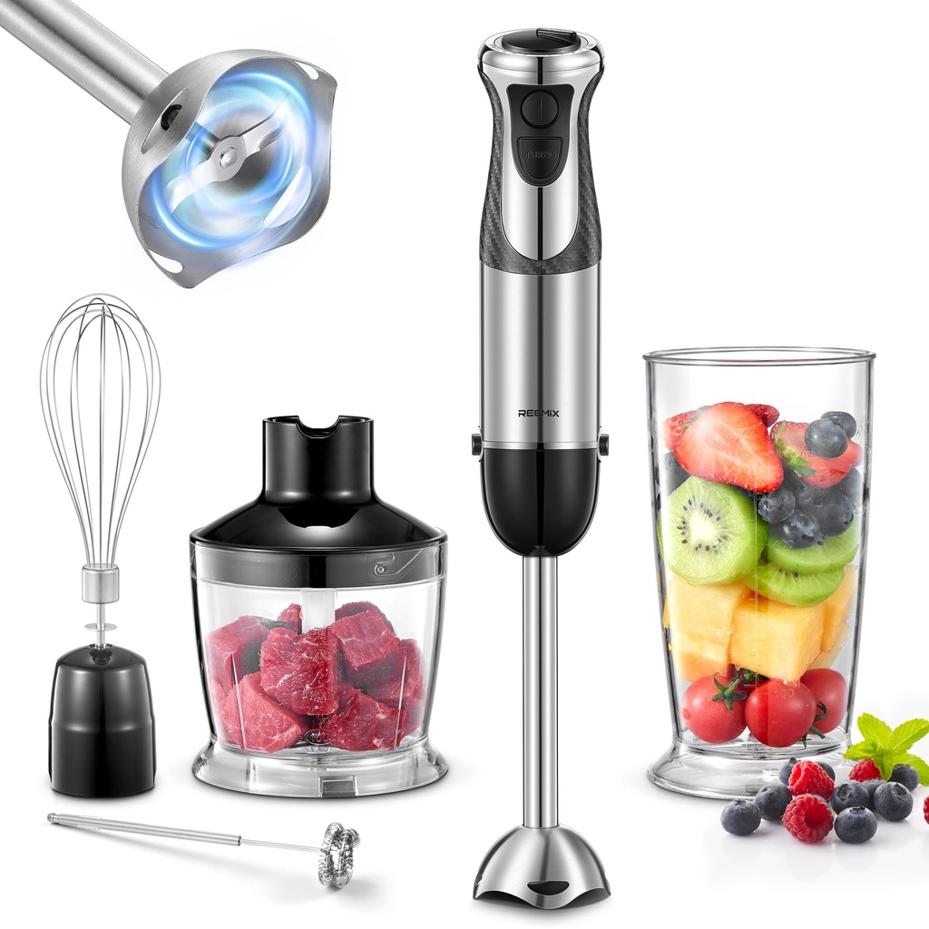 Hand Blender 1000W, Reemix 5-in-1 Electric Stick Blender, Copper Motor Stainless Steel Blad