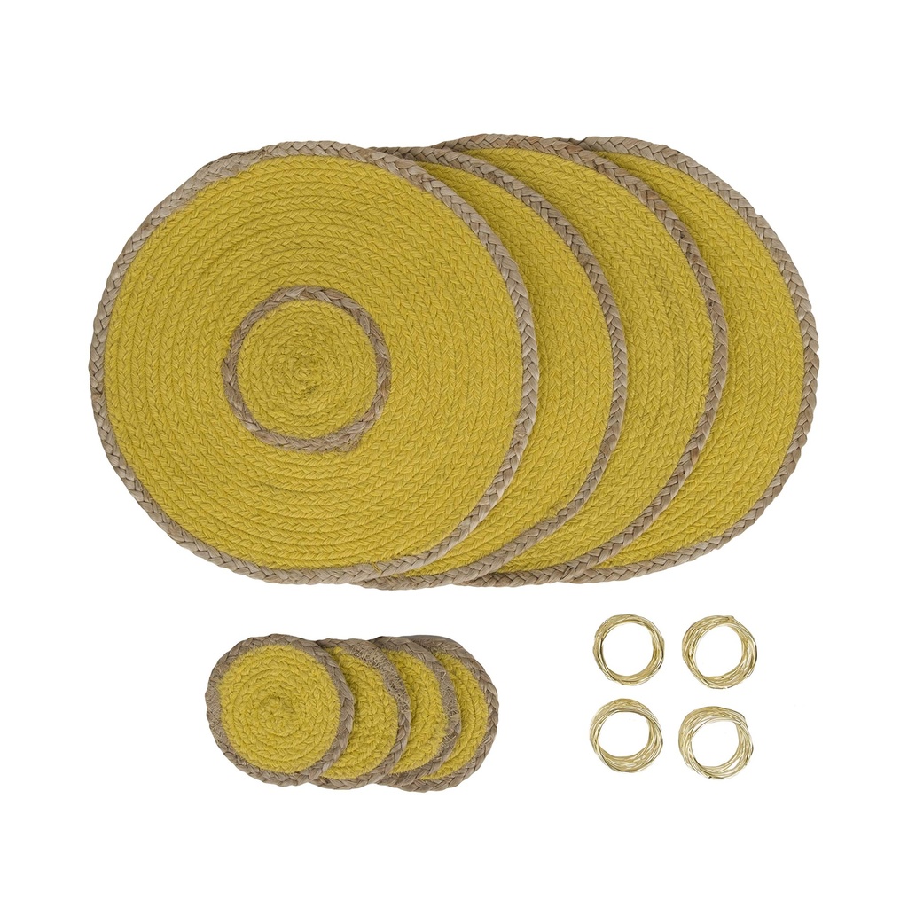 Penguin Home 12-Piece Yellow Jute Dining Set Handcrafted Placemats, Coasters & Napkin