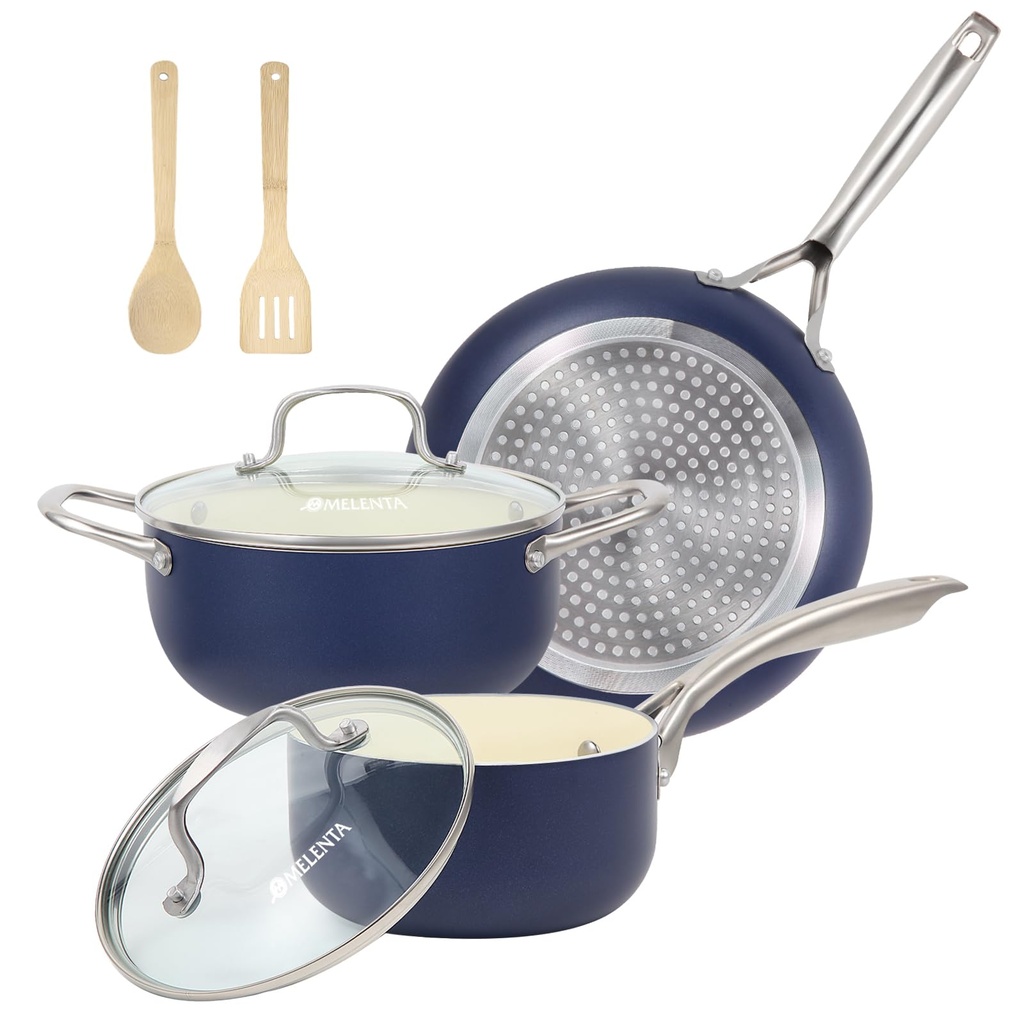 M MELENTA Pots and Pans Set Non Stick, 7 Piece Induction Hob Pan Set, Kitchen Ceramic