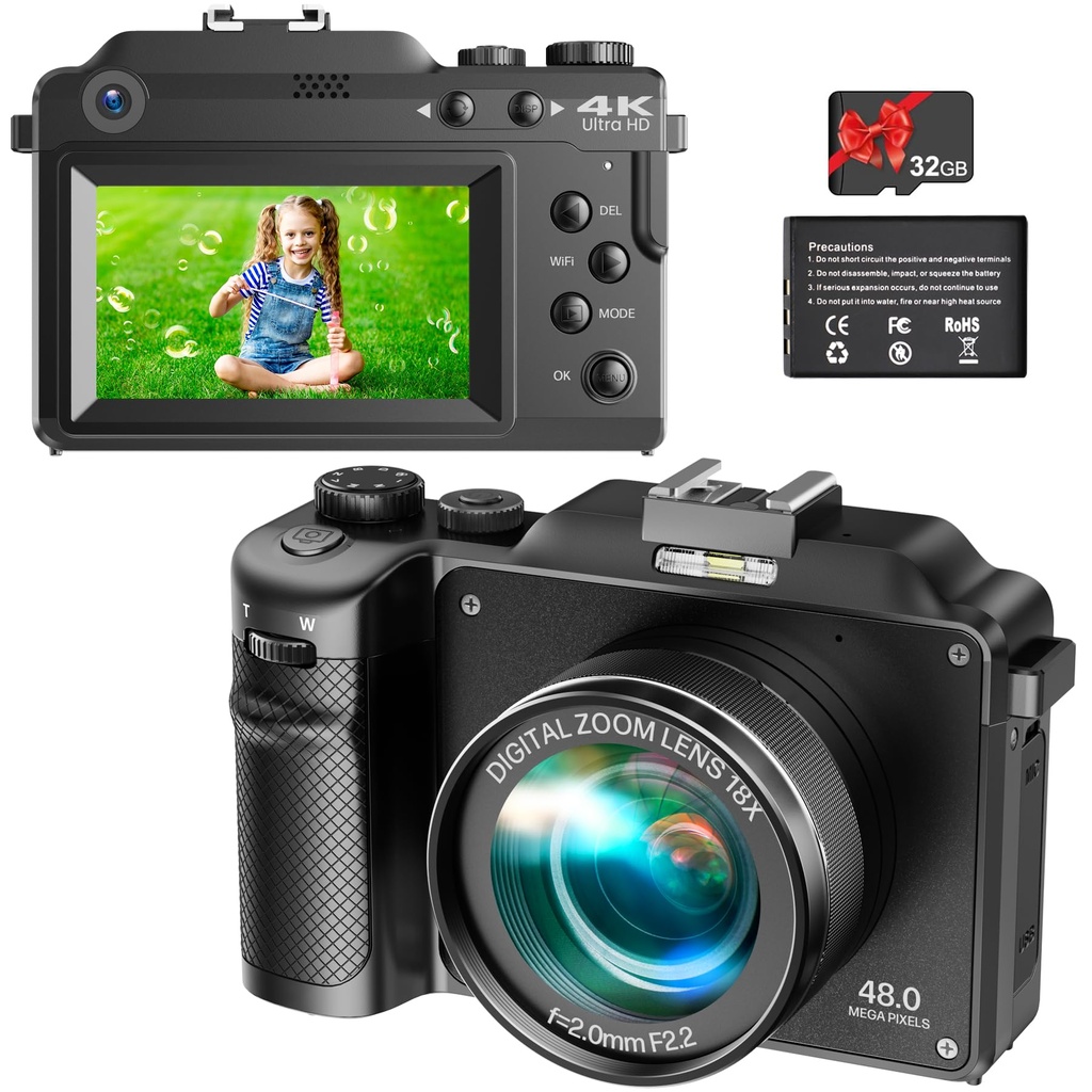 Vmotal Digital Camera 4K, 48MP Photo 4K Video Recorder, Dual Lens Camera, 18x Digital Zoom,