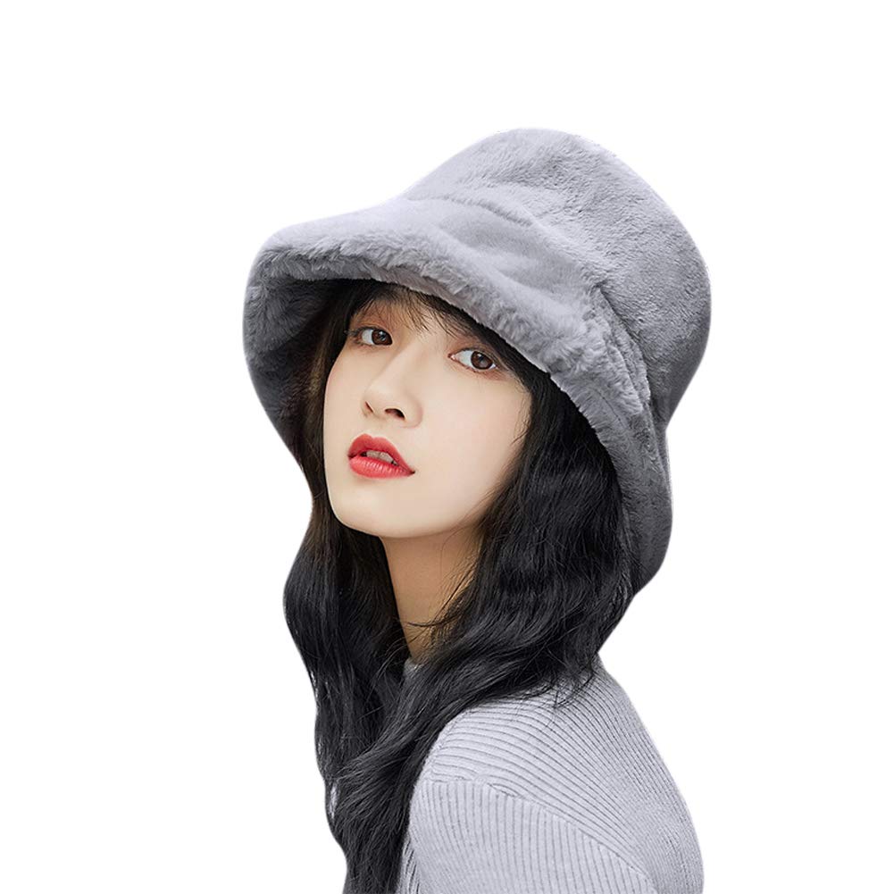 IBLUELOVER Women Faux Fur Bucket Hat Winter Fluffy Wide Brim Floppy Bush Hat Vintage Cloche