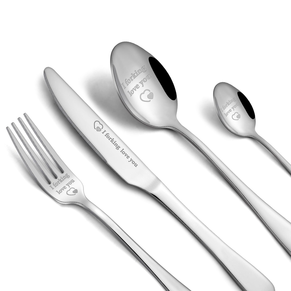 4Pcs Cutlery Set - I Love You Knives and Forks with Gift Box, Engraved Flatware Cutlery Set