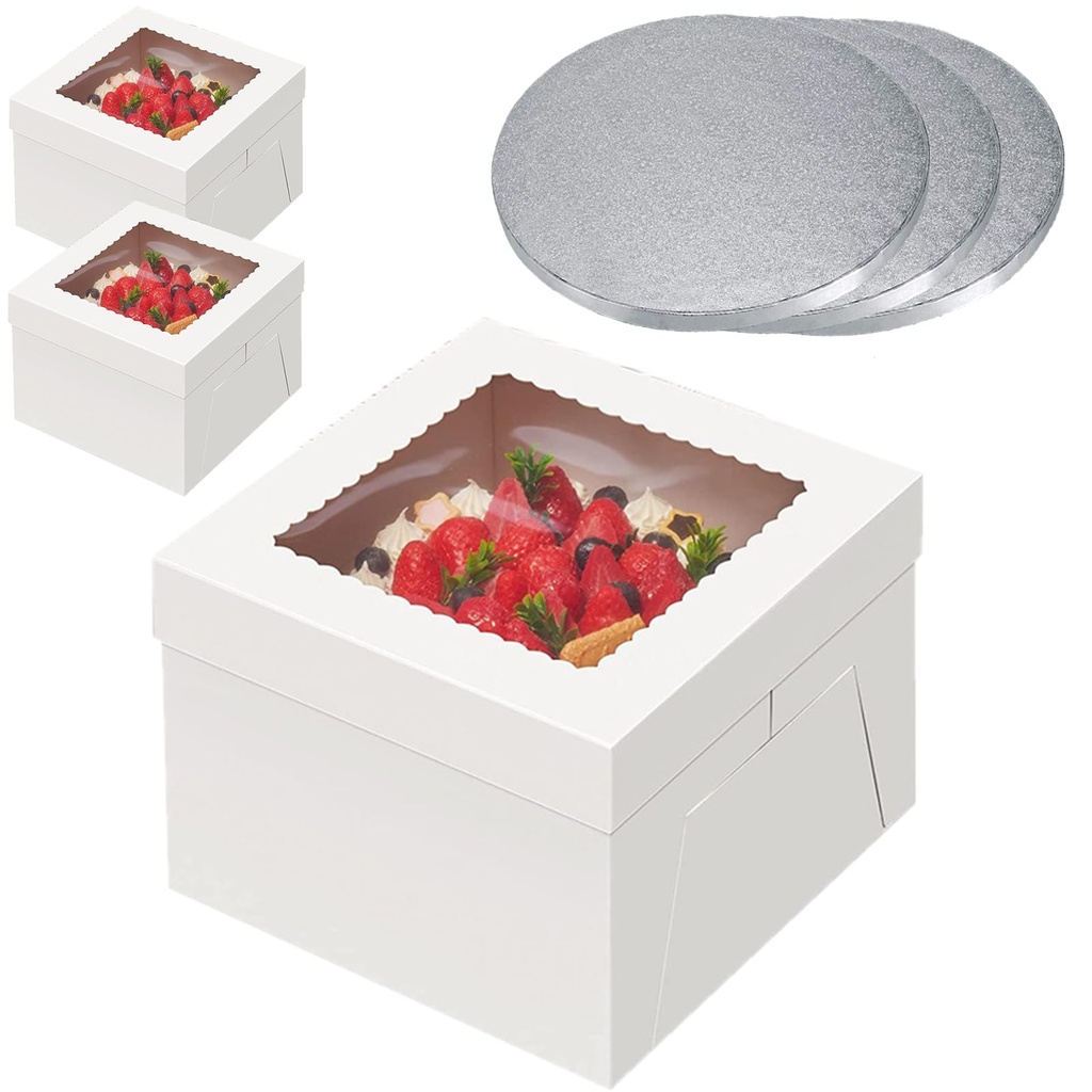 POFFYA Cake Boards and Boxes 10 inch, 3 Sets White Cake box Cover with Round Cake Drum Boar