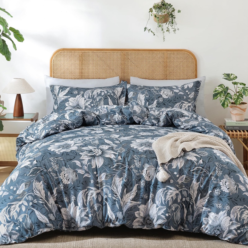 DJY Blue Floral Duvet Cover Set King Size - 3-Piece Blue Bedding Set - Wrinkle-Resistant &