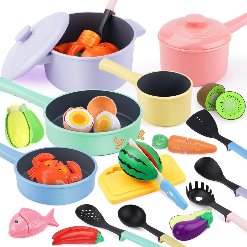 GILOBABY Kids Toy Kitchen Accessories, A Complete Playset with Play Food, Pots, Pans, Fruit