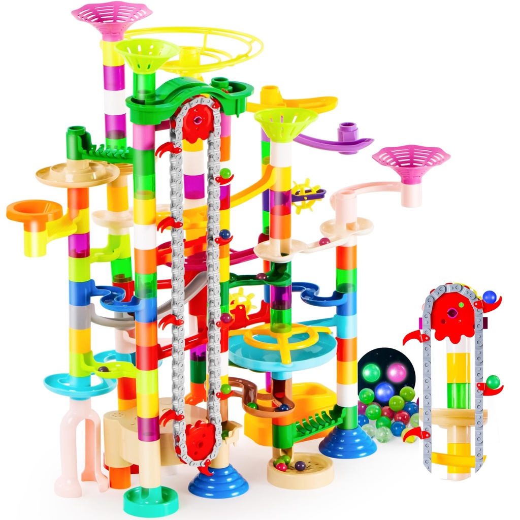 JOYIN 236Pcs Glowing Marble Run with Motorized Elevator- Construction Building Blocks Toys 