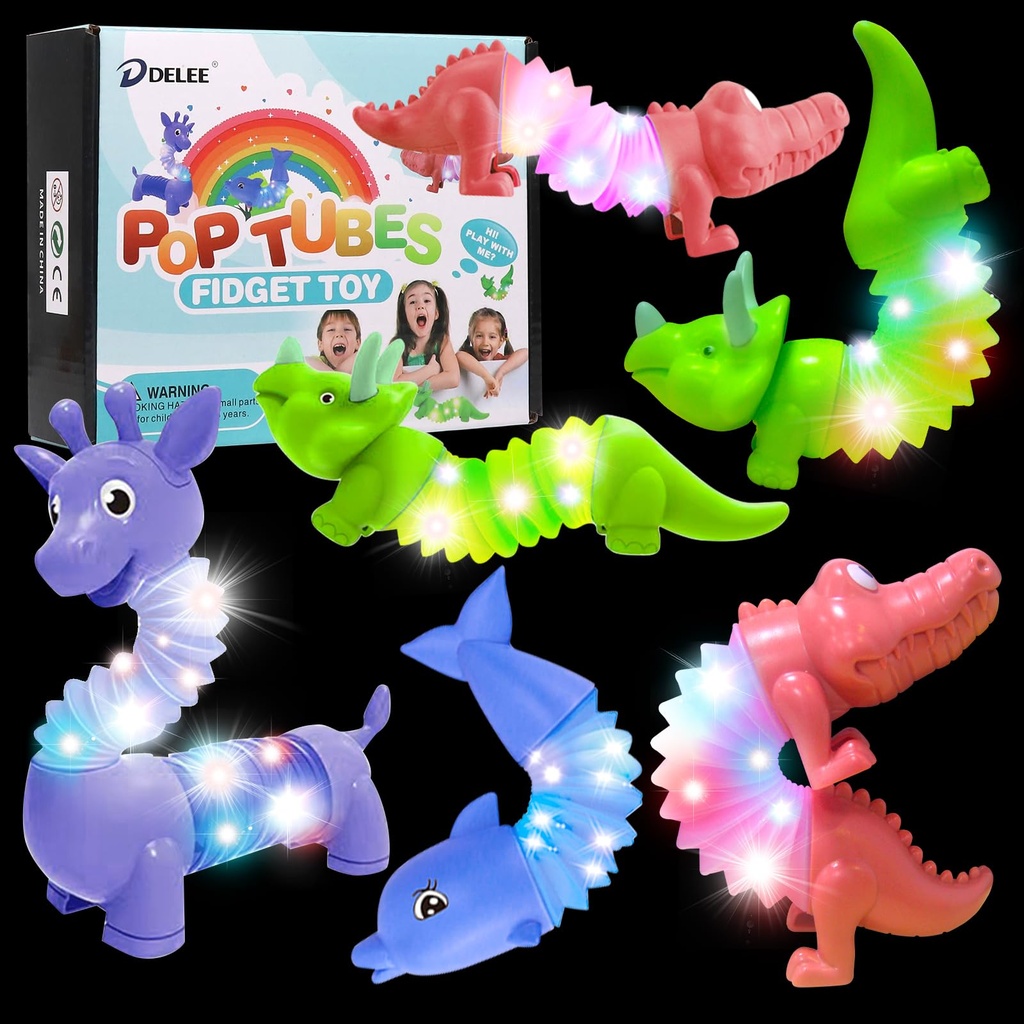 DELEE Pop Tubes Animal Toy,Sensory Tubes for Autism with LED Light,4Packs Glow Animal Stres