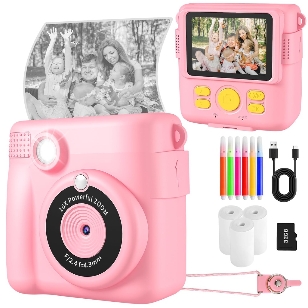 Instant Print Camera, Kids Camera Digital Camera 1080P HD Photo and Video Recording 