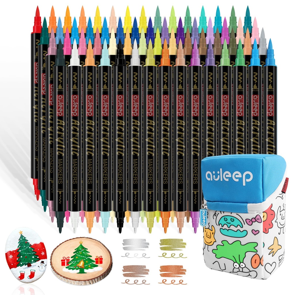 AULEEP 60 Acrylic Paint Pens Dual Tip (Brush+Fine), with 10 Glitter Pens and Portable Graff