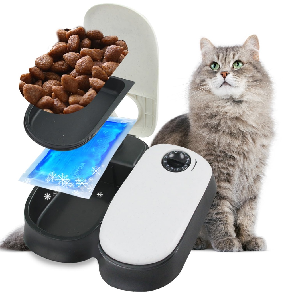 Pawise Automatic Cat & Dog Feeder with Ice Pack, 2-Meal Pet Wet & Dry Food Dispenser with 48