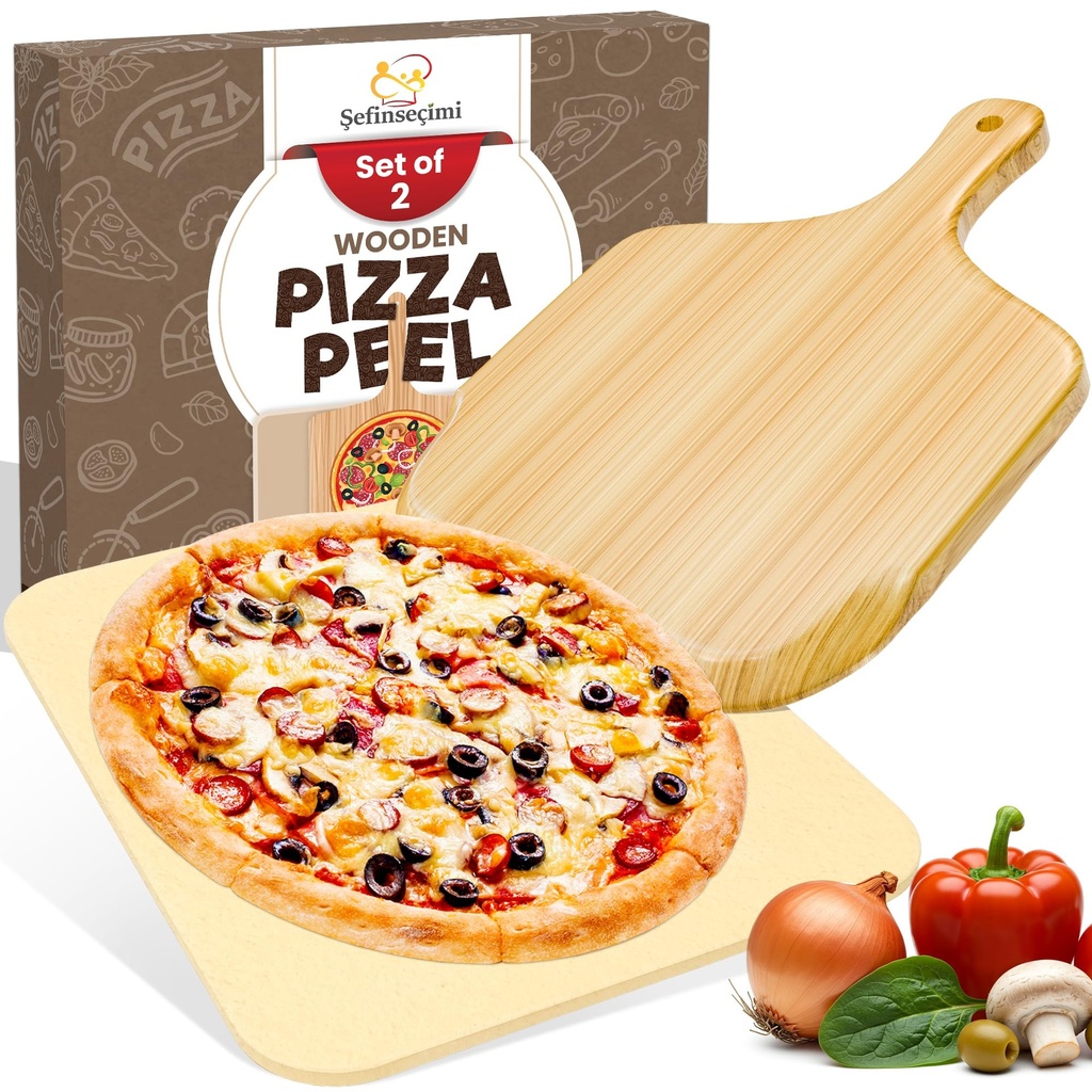 Sefinsecimi 15-Inch Cordierite Pizza Stone & 12x12 Inch Wooden Pizza Peel Baking Stone for Oven & BBQ Crispier Crust for Homemade Pizza, Bread & More Perfect Pizza Making Kit