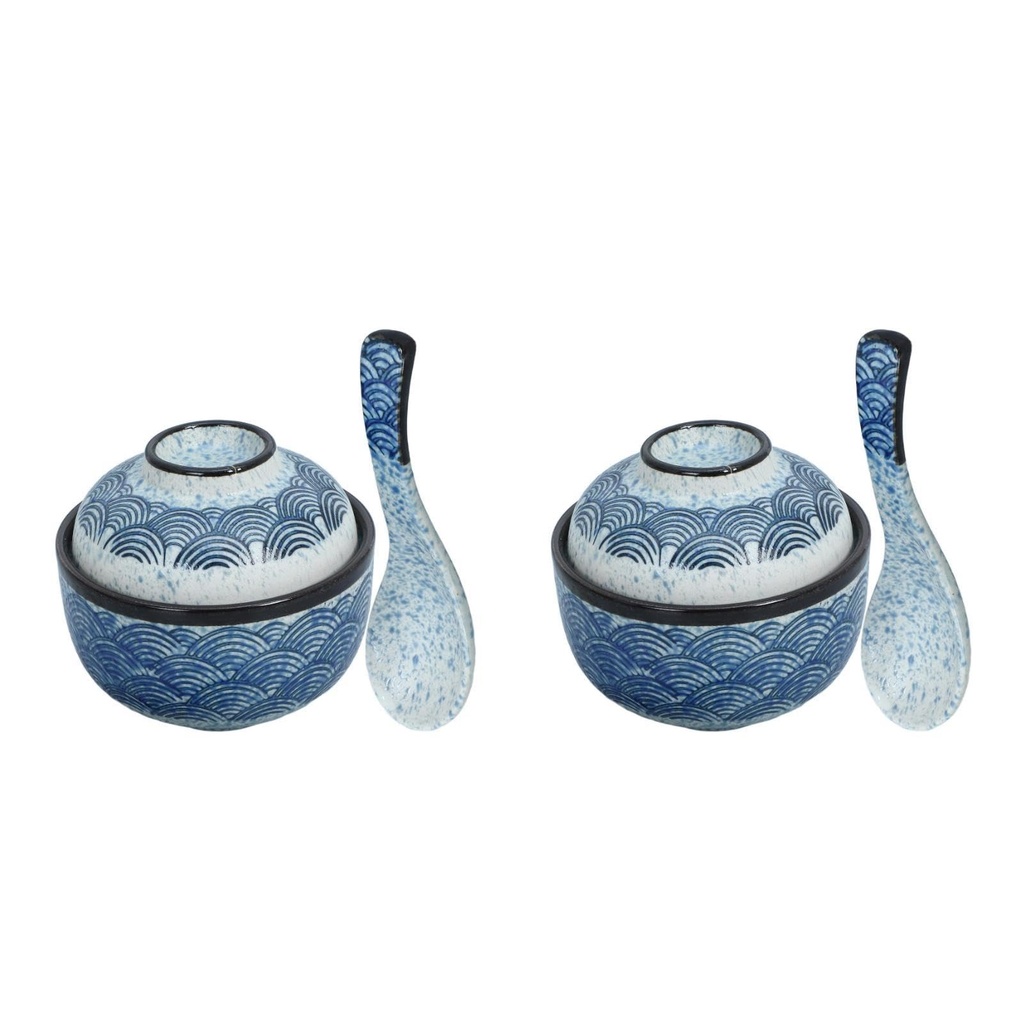 DOITOOL Japanese Style Ceramic Soup Bowl with Lid and Spoon 7.5 Inch Multi-Function Covered