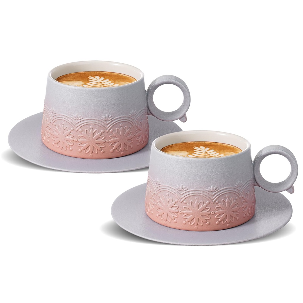 ZENS Cappuccino Cups and Saucers Set of 2, 220 ml Gradient Ceramic Cappuccino Mug for Au La