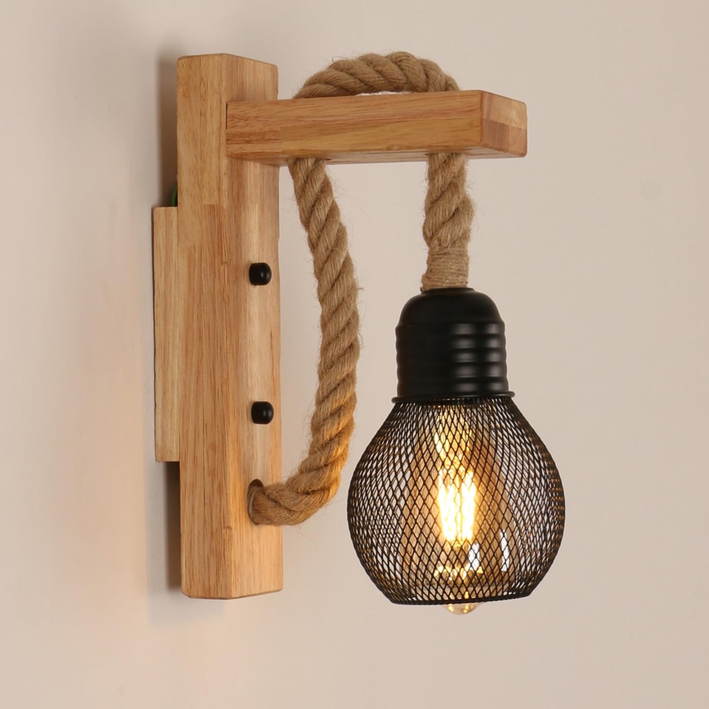 Pheashine Wooden Wall Light Indoor, Industrial Wall Light Sconce with Hemp Rope, Metal Black