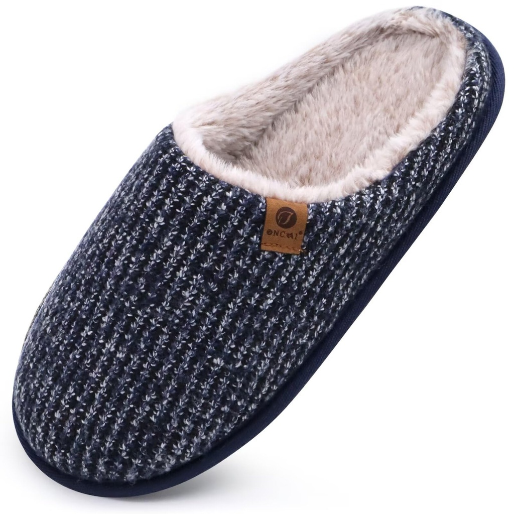 ONCAI Mens Slippers Blue Knit Stripes Memory Foam Mule Slippers Slip On Warm Fluffy House I