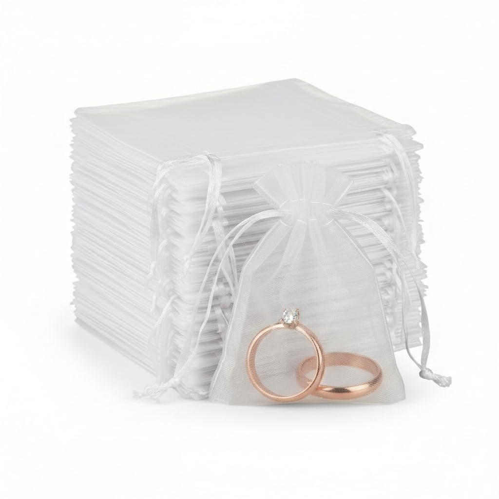 Sukh 8x10 White Organza Bags Small - Clear Mesh Drawstring Empty Favour Bags for Lavender,