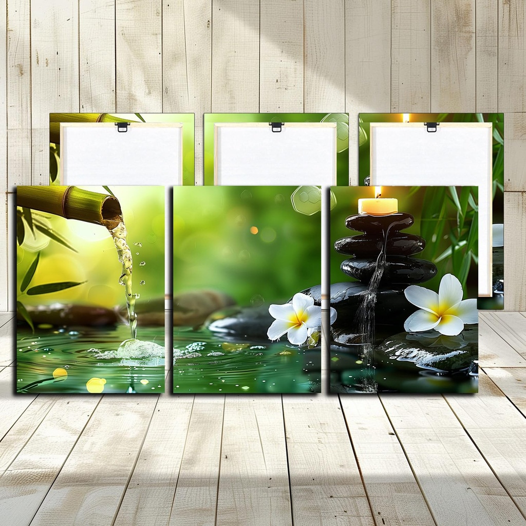 Green Zen Decor Canvas Wall Art - 3 Panels Running Water and White Orchid Light Candle Land