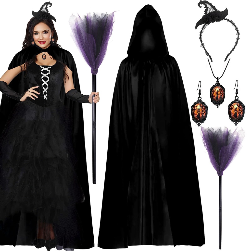 SummitEdge 6 PCS Witch Costume Adult Women, Witch Hat Headbands, Black Cape Black Cloak wit