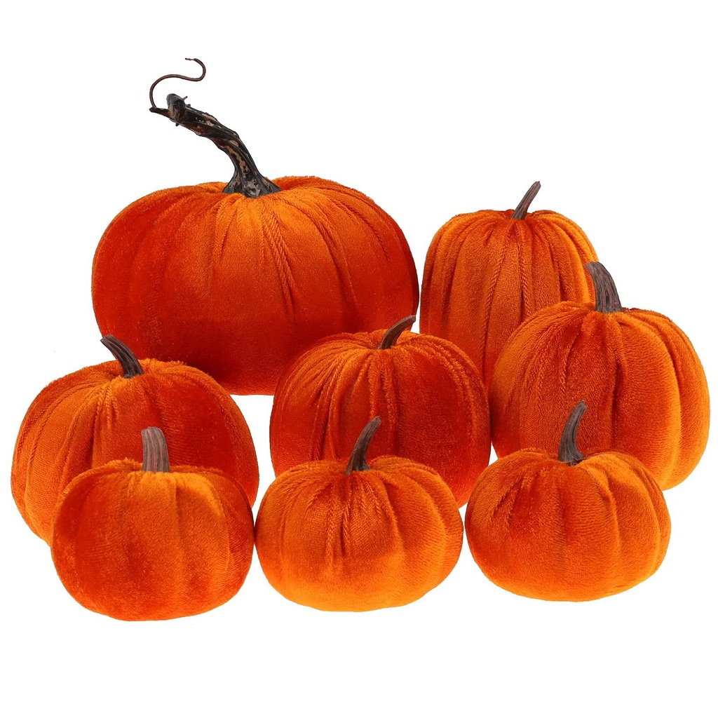 Gresorth 8pcs Assorted Size Fake Handmade Orange Velvet Pumpkins Artificial Fall Harvest Ha