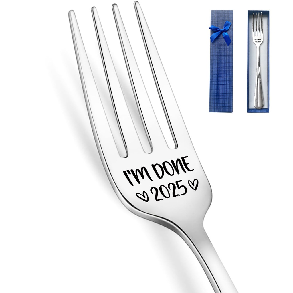 HSSPIRITZ I'm Done 2025 Funny Engraved Stainless Steel Fork,2025 Retirement Fork Gifts for