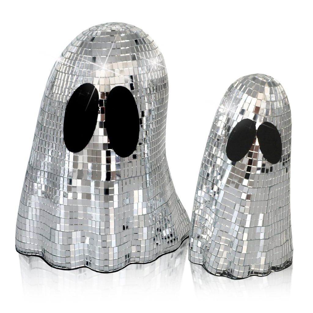 oversevenls Ghost Disco Ball Ornaments 2-Pack, Mirror Ball Halloween Decoration, Freestandi