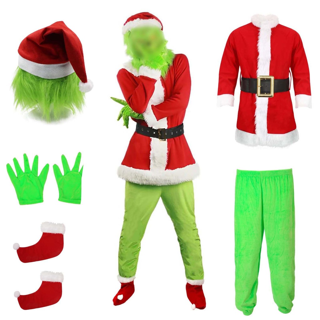 nezafly Christmas Green Monster Costumes Adults 5Pcs Furry Outfits Long Sleeve Hooded Top a