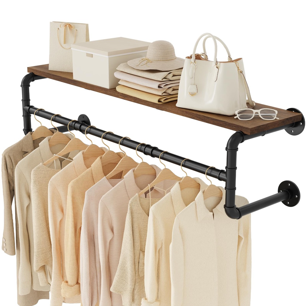 Yawinhe Industrial Pipe Wall Mounted Garment Rack, with Top Shelf, 105cm Heavy Duty 