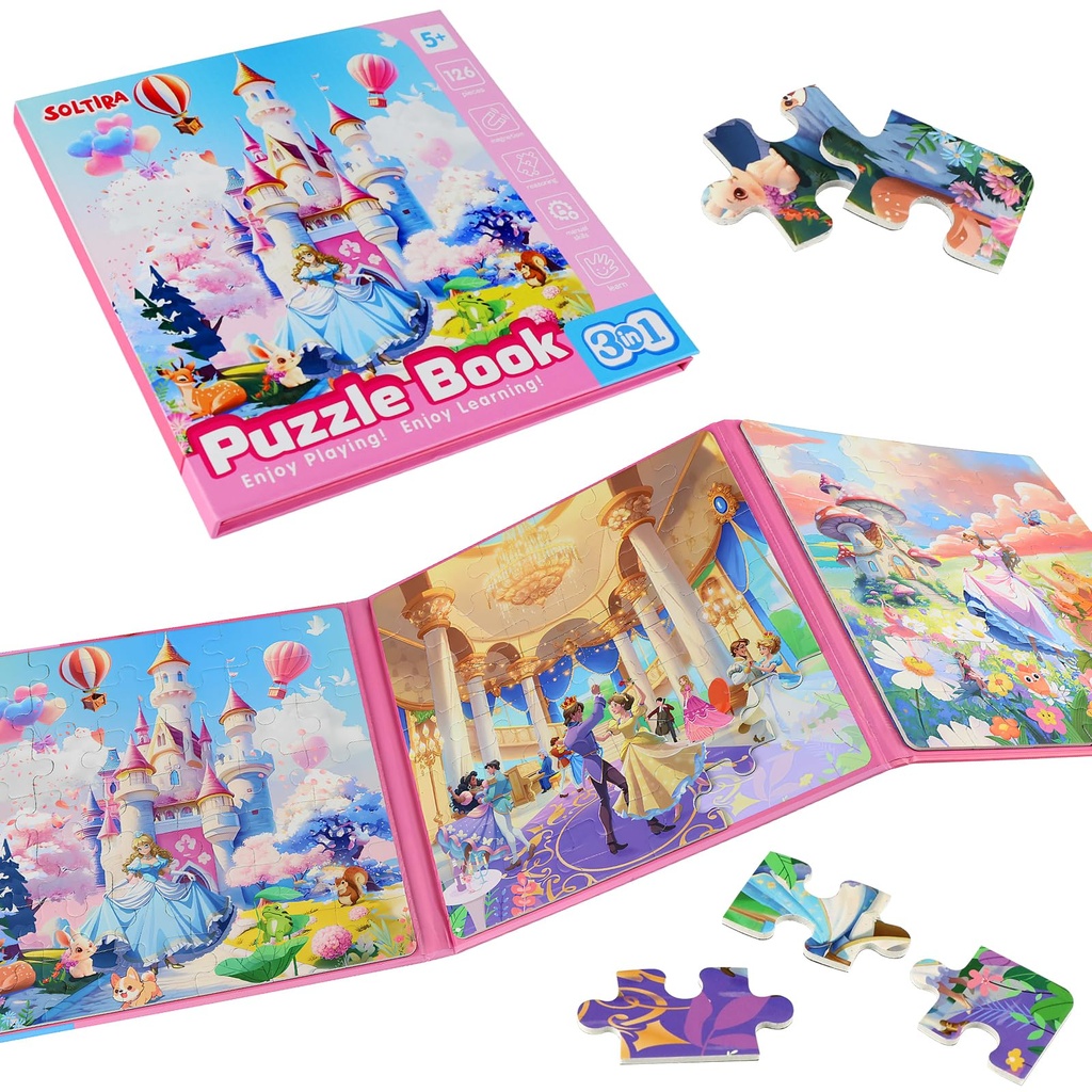 Puzzles for Girls 5-8 Princess Themes(Castle/Ball/Elf, 3 * 42PCS) Large Size Magnetic Puzzl
