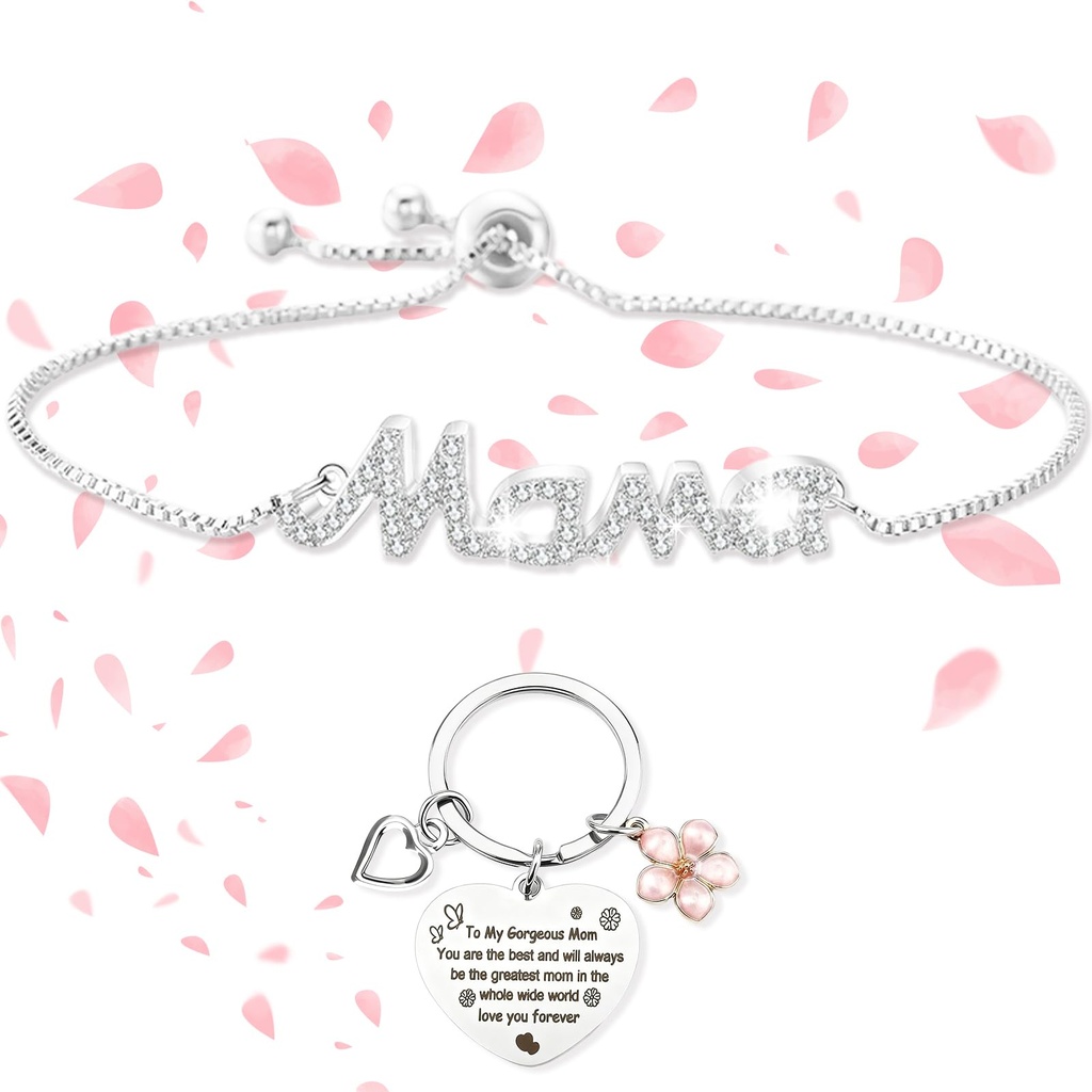 4Pcs Birthday Gifts for Mum, Mother's Gift Set with Sparkling Mama Bracelet Key Chain Stora